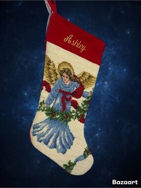 Ashley Embroidered Red Cuff Angel Needlepoint Christmas Stocking Lillian Vernon